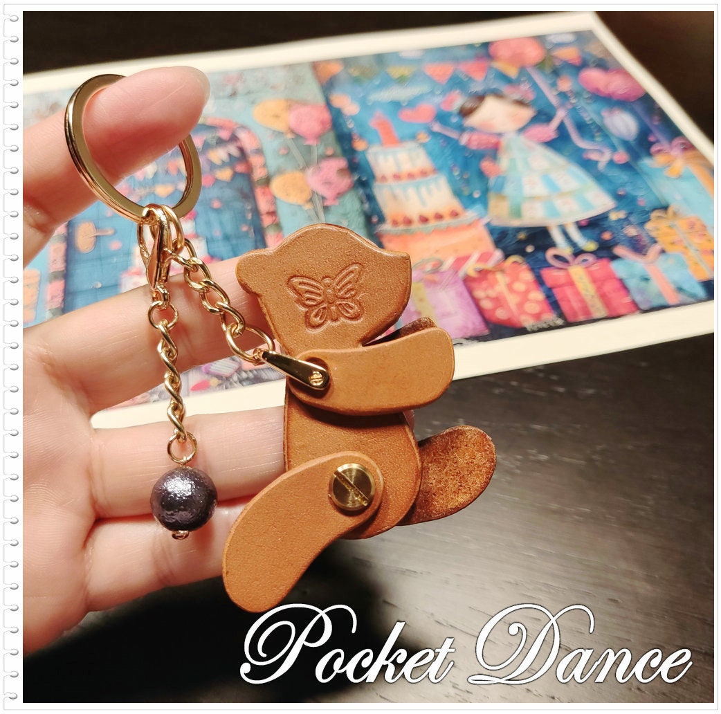 Handmade Leather Teddy Bear Keychain: Movable Limbs Charm
