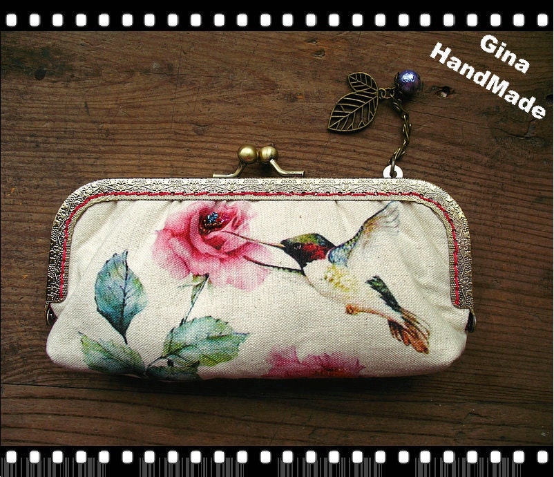 Peony & Hummingbird Kiss Lock Coin Purse: Handmade Clutch Wallet
