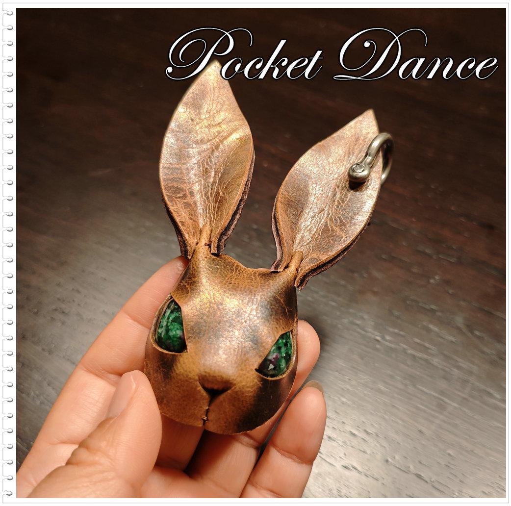 Handmade Leather Rabbit Keychain & Brooch: Green Stone Eyes