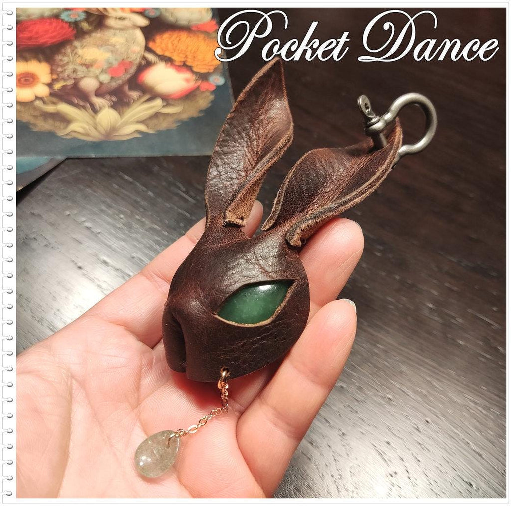 Handmade Leather Rabbit Keychain with Green Stone Eye