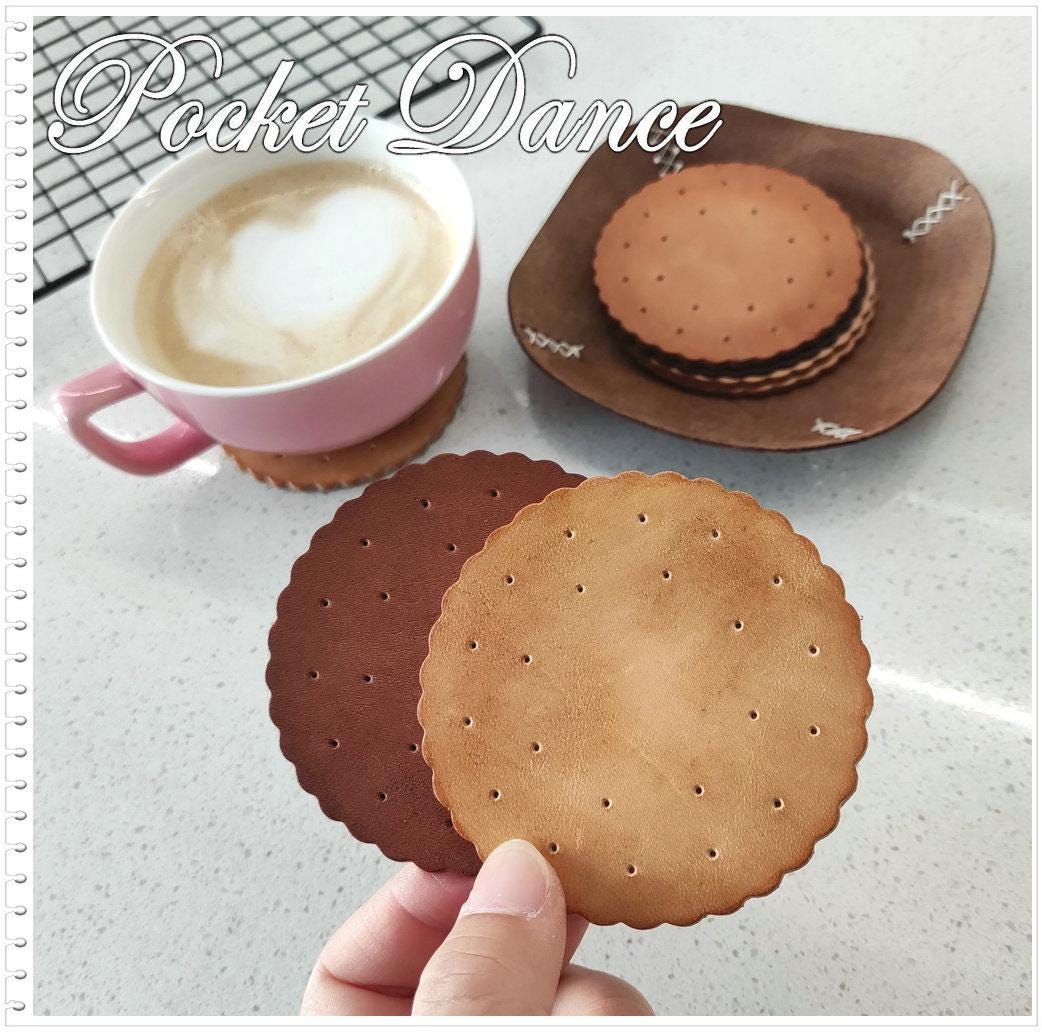Handmade Leather Cookie Coaster Set, Unique Coffee Lover Gift
