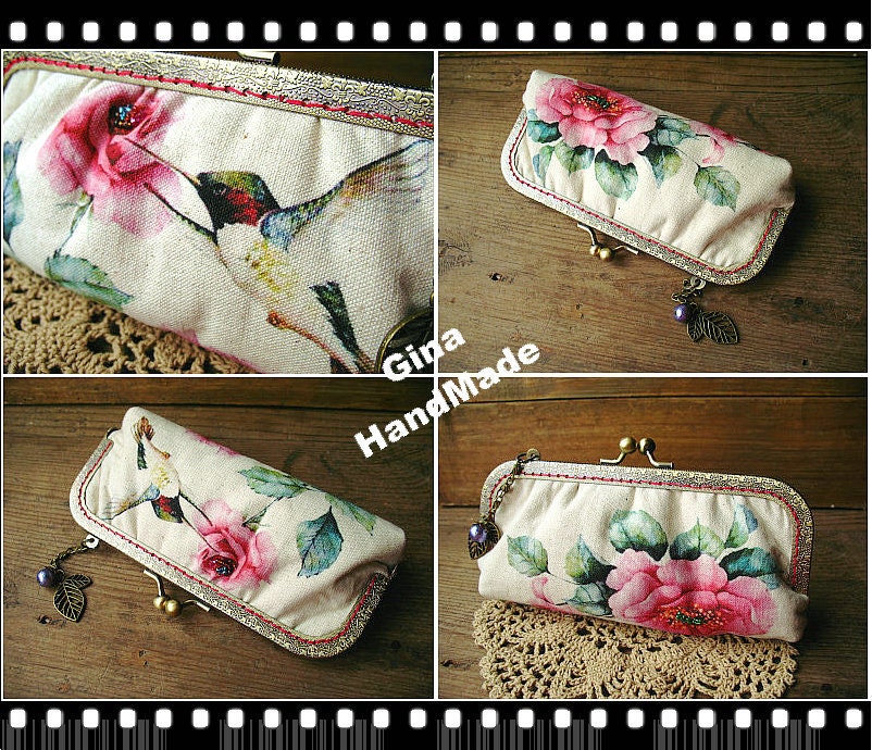 Peony & Hummingbird Kiss Lock Coin Purse: Handmade Clutch Wallet