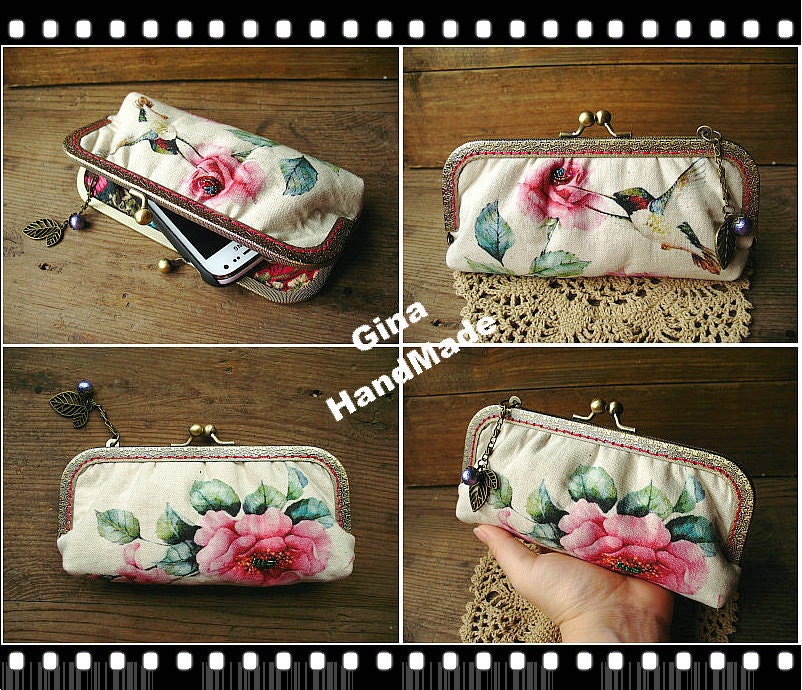 Peony & Hummingbird Kiss Lock Coin Purse: Handmade Clutch Wallet