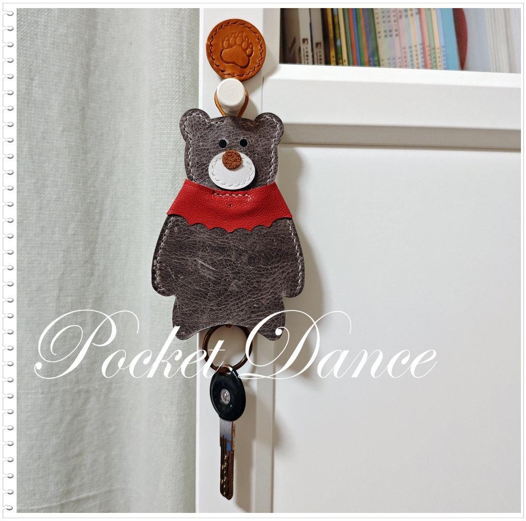 Handmade Leather Bear Key Pouch: Gray Car Key Case, Keychain
