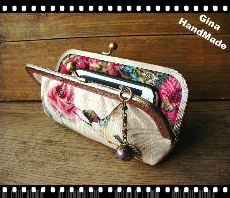 Peony & Hummingbird Kiss Lock Coin Purse: Handmade Clutch Wallet