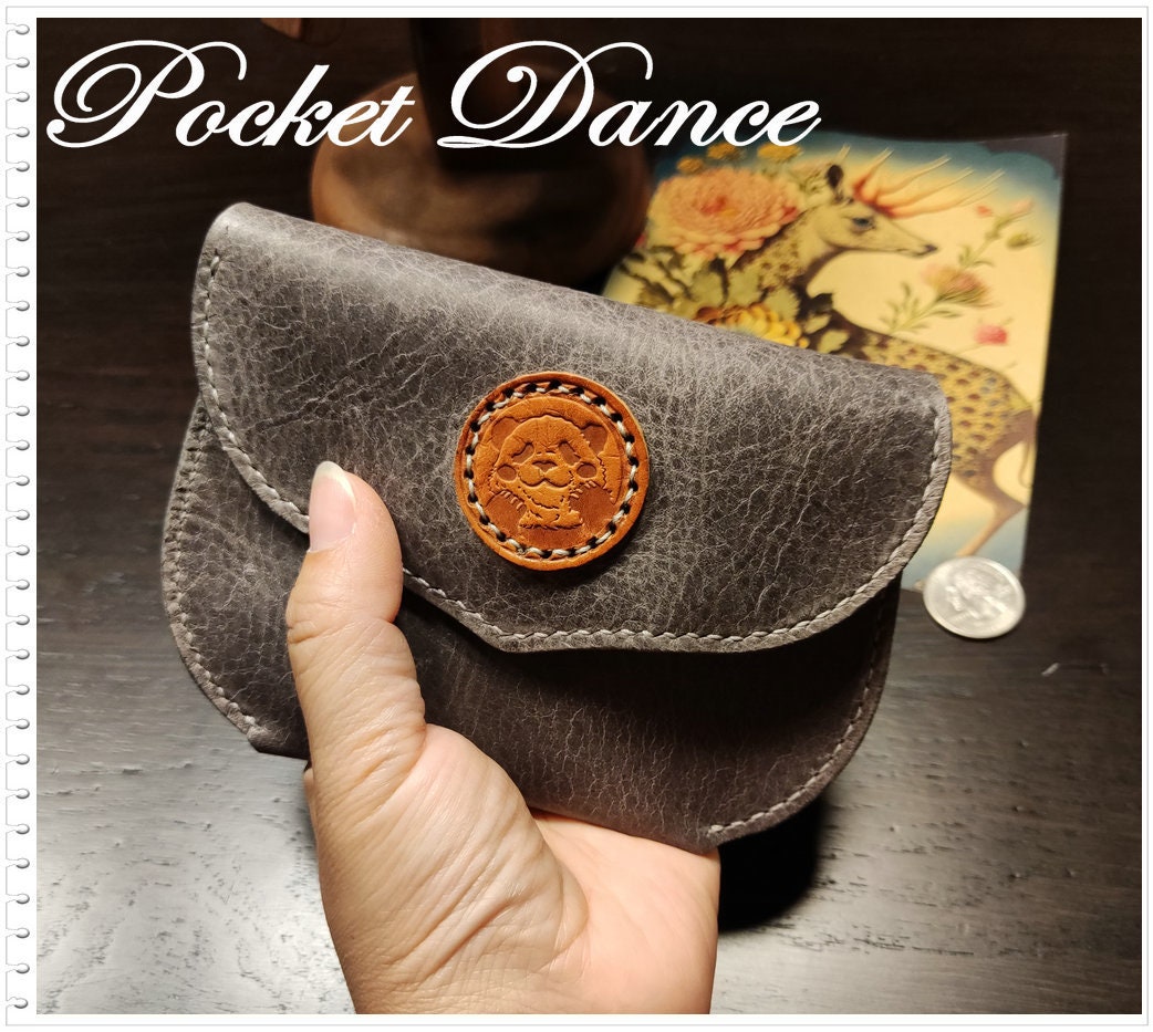Handmade Gray Leather Coin Purse: Panda Card Wallet