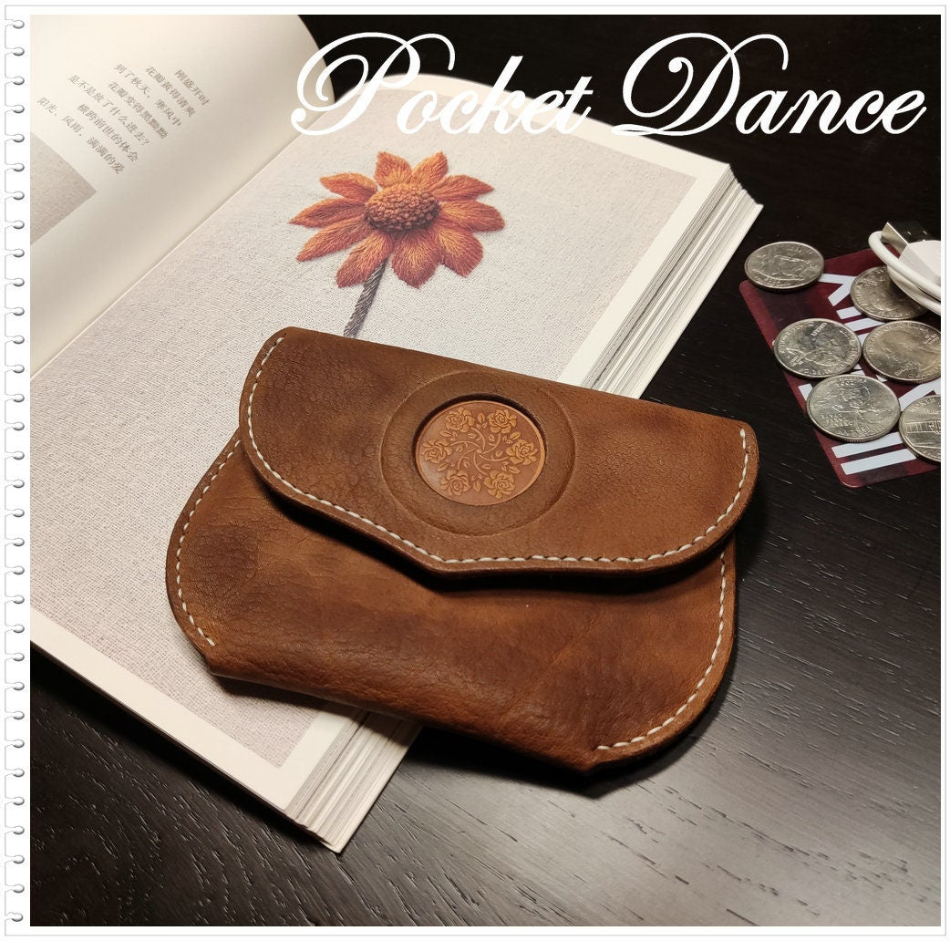 Handmade Rose Engraved Leather Coin Purse: Small Card Wallet