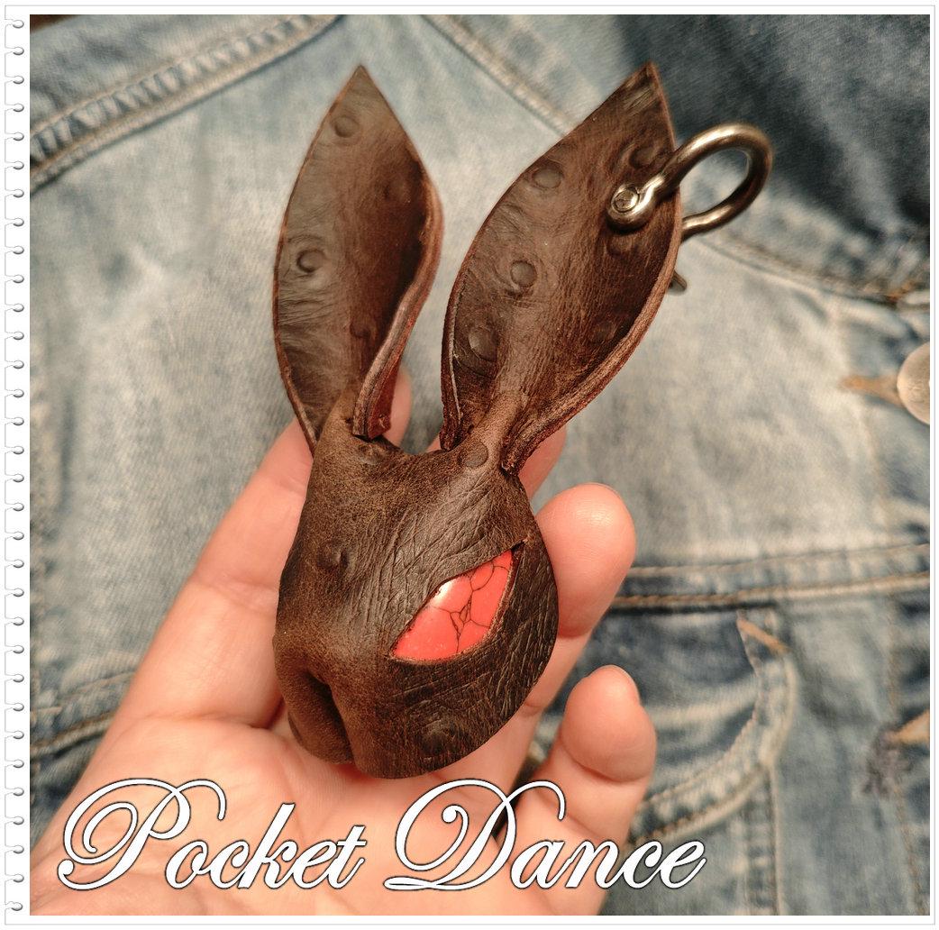 Handmade Leather Rabbit Keychain or Brooch: Brown Bunny Keyring with Red Stone Eyes
