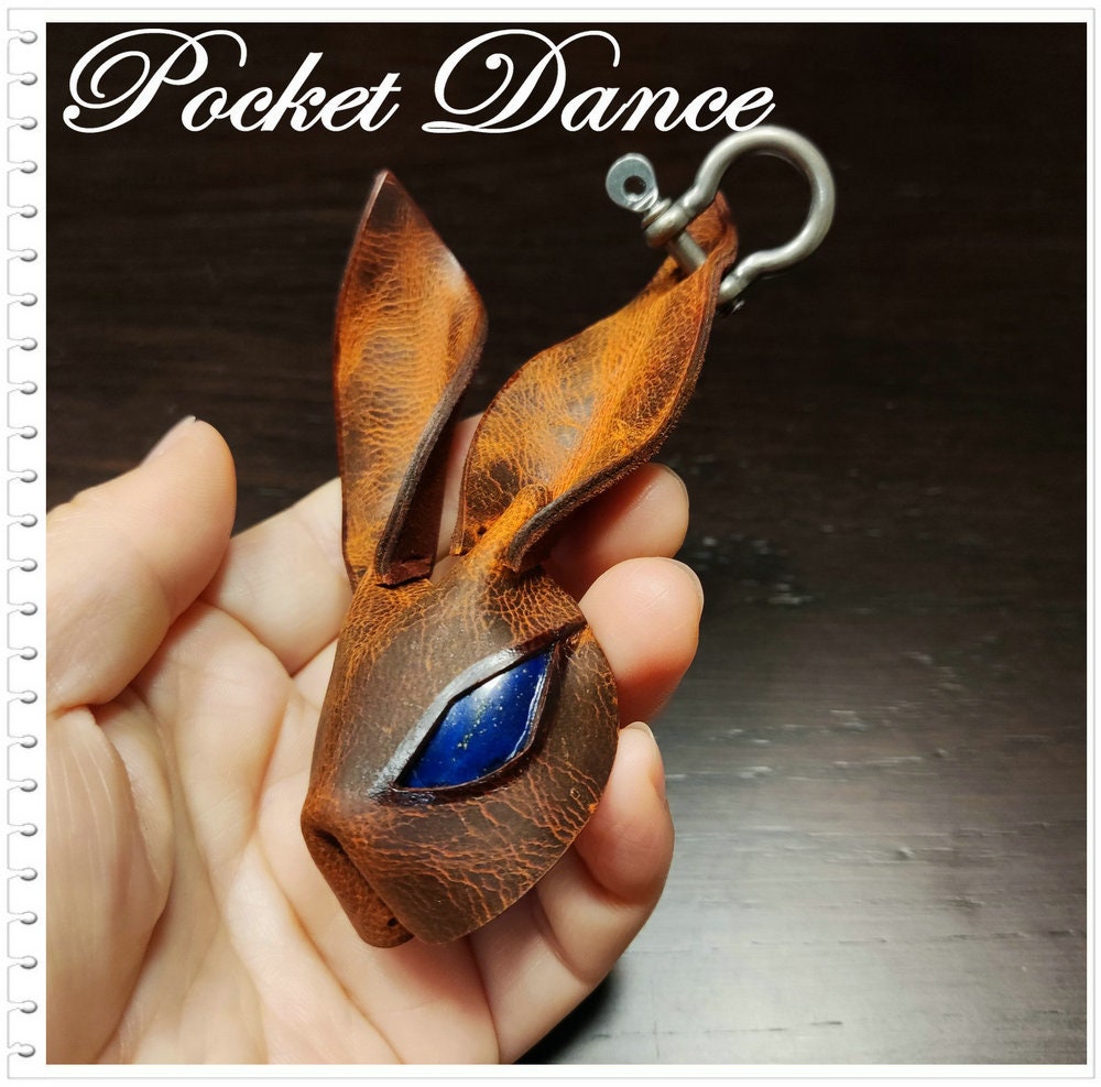 Handmade Leather Rabbit Keychain: Royal Blue Stone Eyes