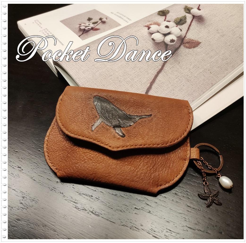 Handmade Leather Coin Purse: Embossed Whale Card Wallet