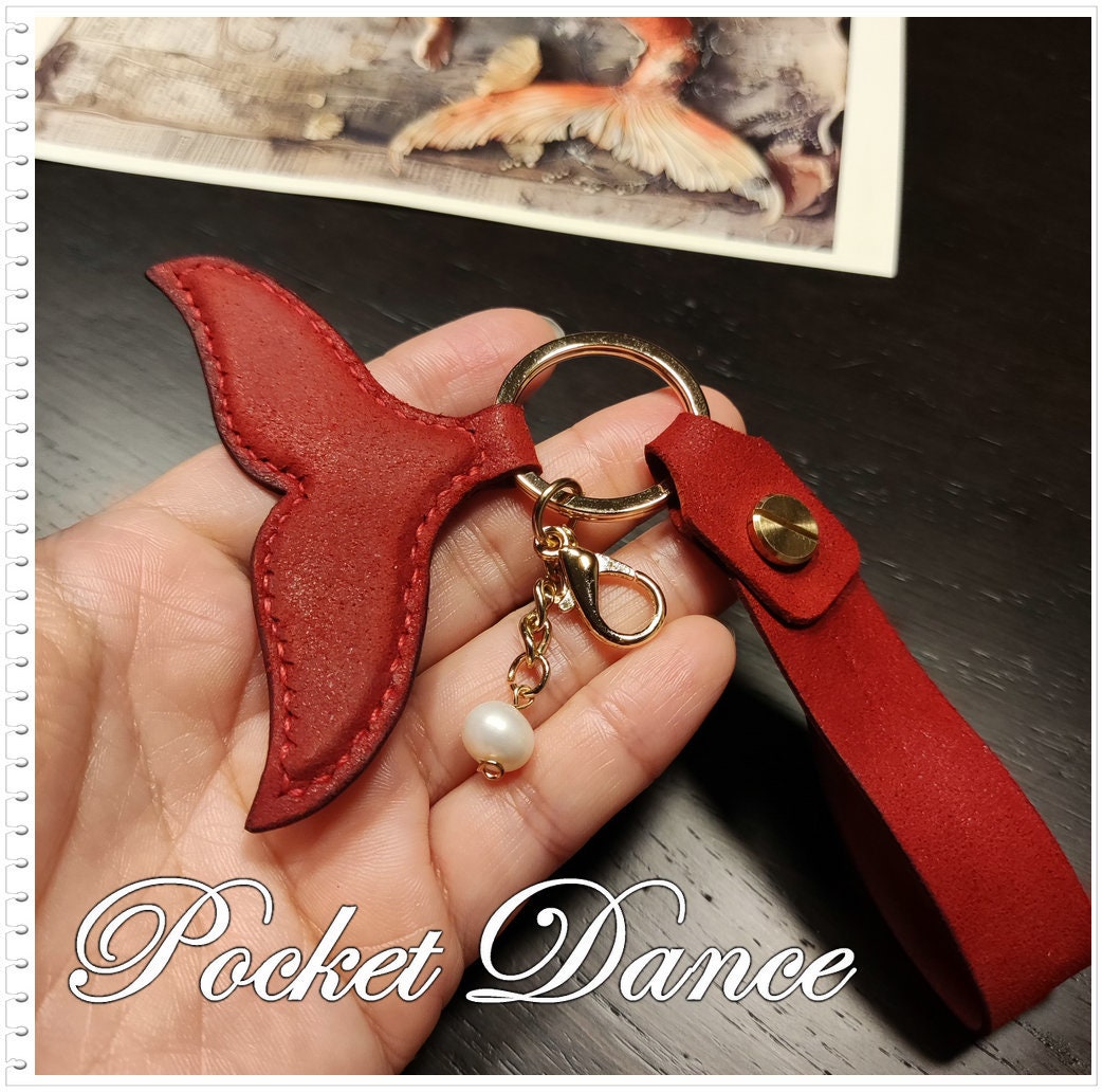 Red Leather Mermaid Tail Keychain: Pearl Bag Charm