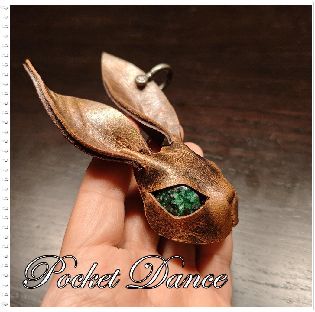 Handmade Leather Rabbit Keychain & Brooch: Green Stone Eyes
