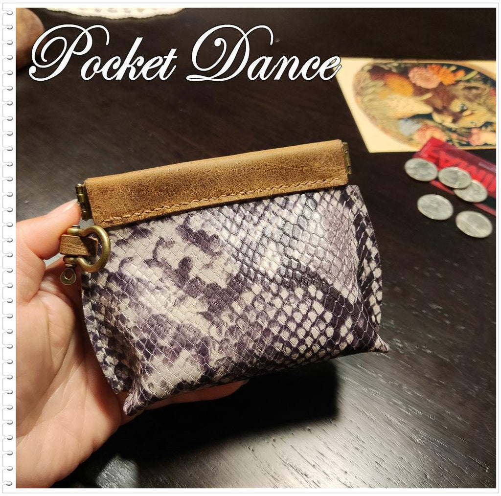 Handmade Leather Squeeze Coin Purse: Snake Pattern Flex Frame
