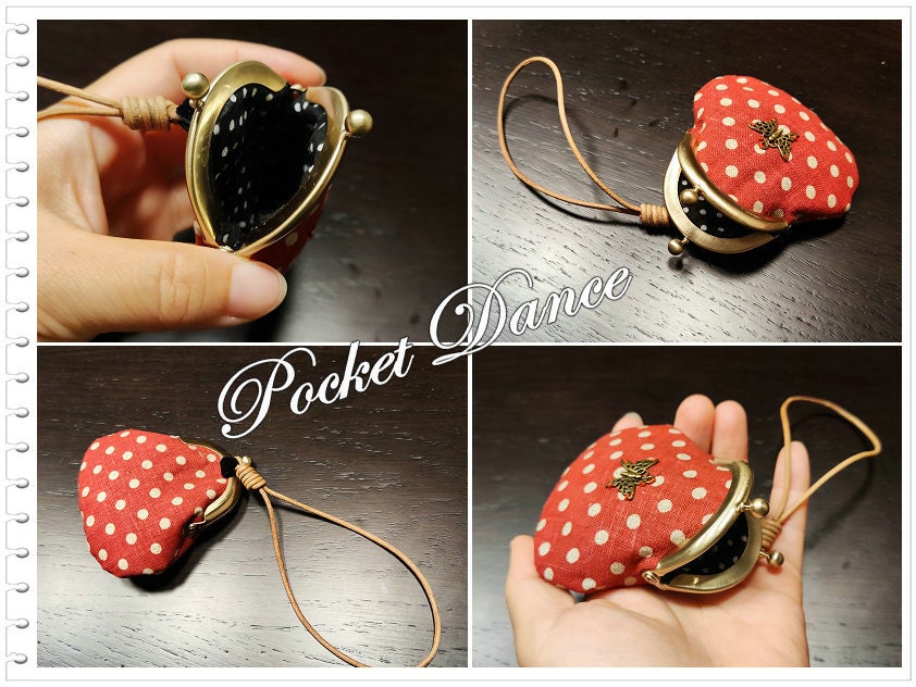 Handmade Butterfly Kiss Lock Coin Purse: Red Dots Cotton Linen