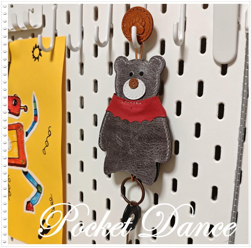 Handmade Leather Bear Key Pouch: Gray Car Key Case, Keychain