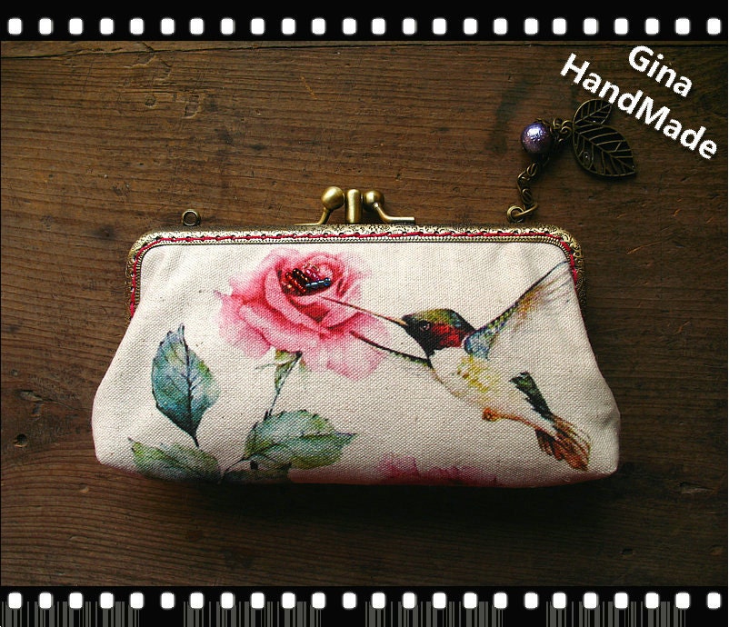 Handmade Peony & Hummingbird Coin Purse: Kiss Lock Clutch Wallet