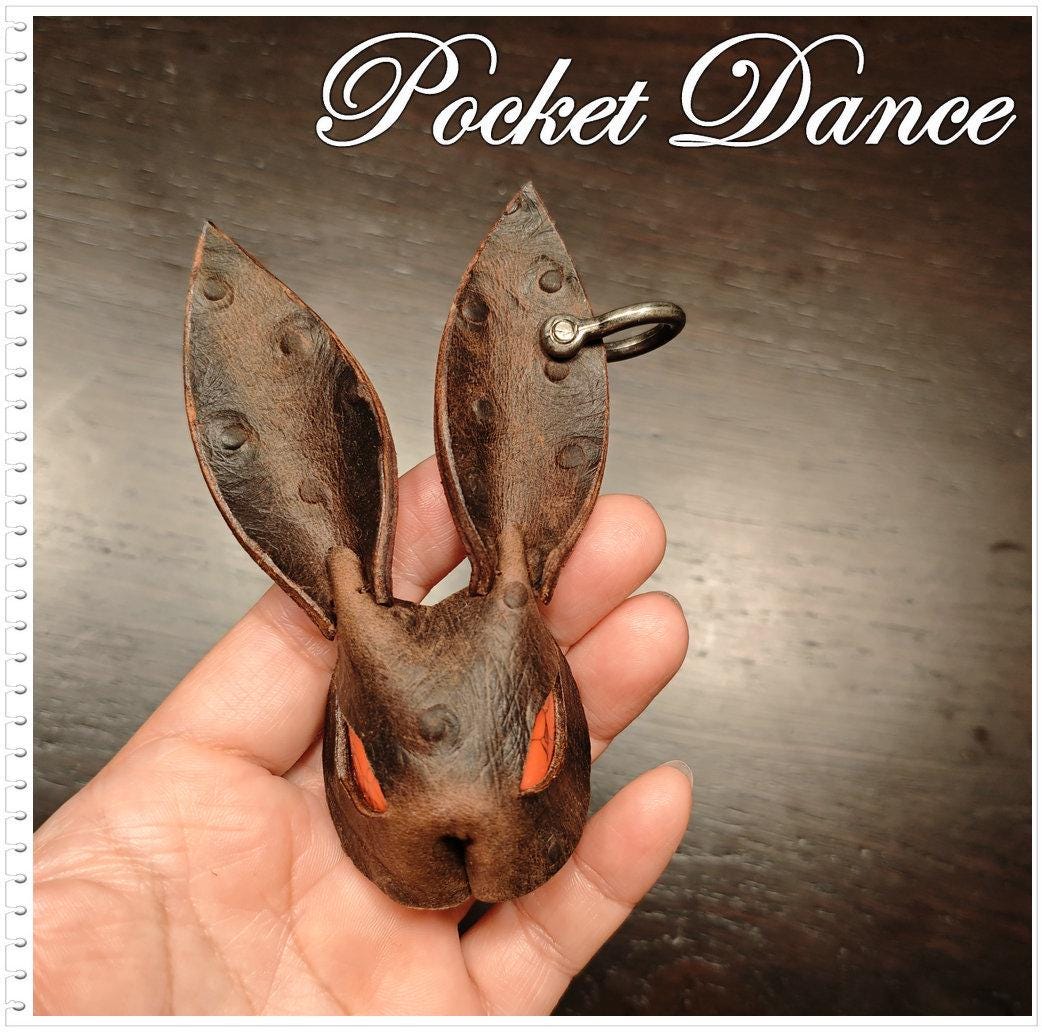 Handmade Leather Rabbit Keychain or Brooch: Brown Bunny Keyring with Red Stone Eyes