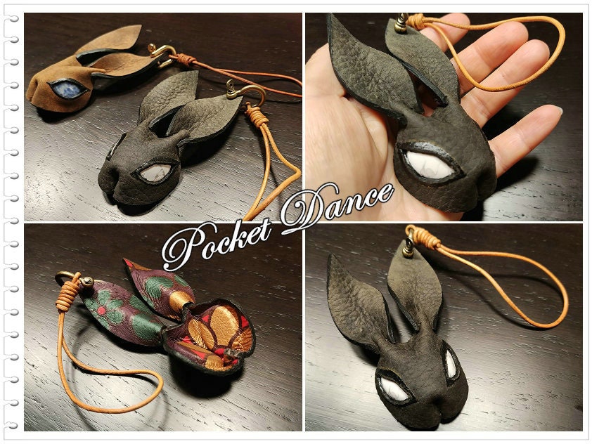 Handmade Gray Leather Rabbit Keychain: Stone Eye Bunny Keyring