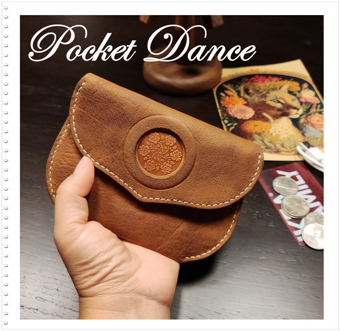 Handmade Rose Engraved Leather Coin Purse: Small Card Wallet