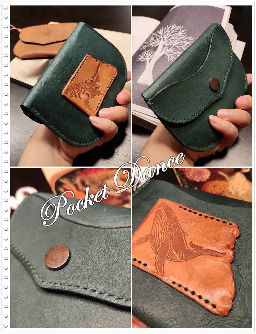 Handmade Green Leather Coin Purse: Embossed Whale Design
