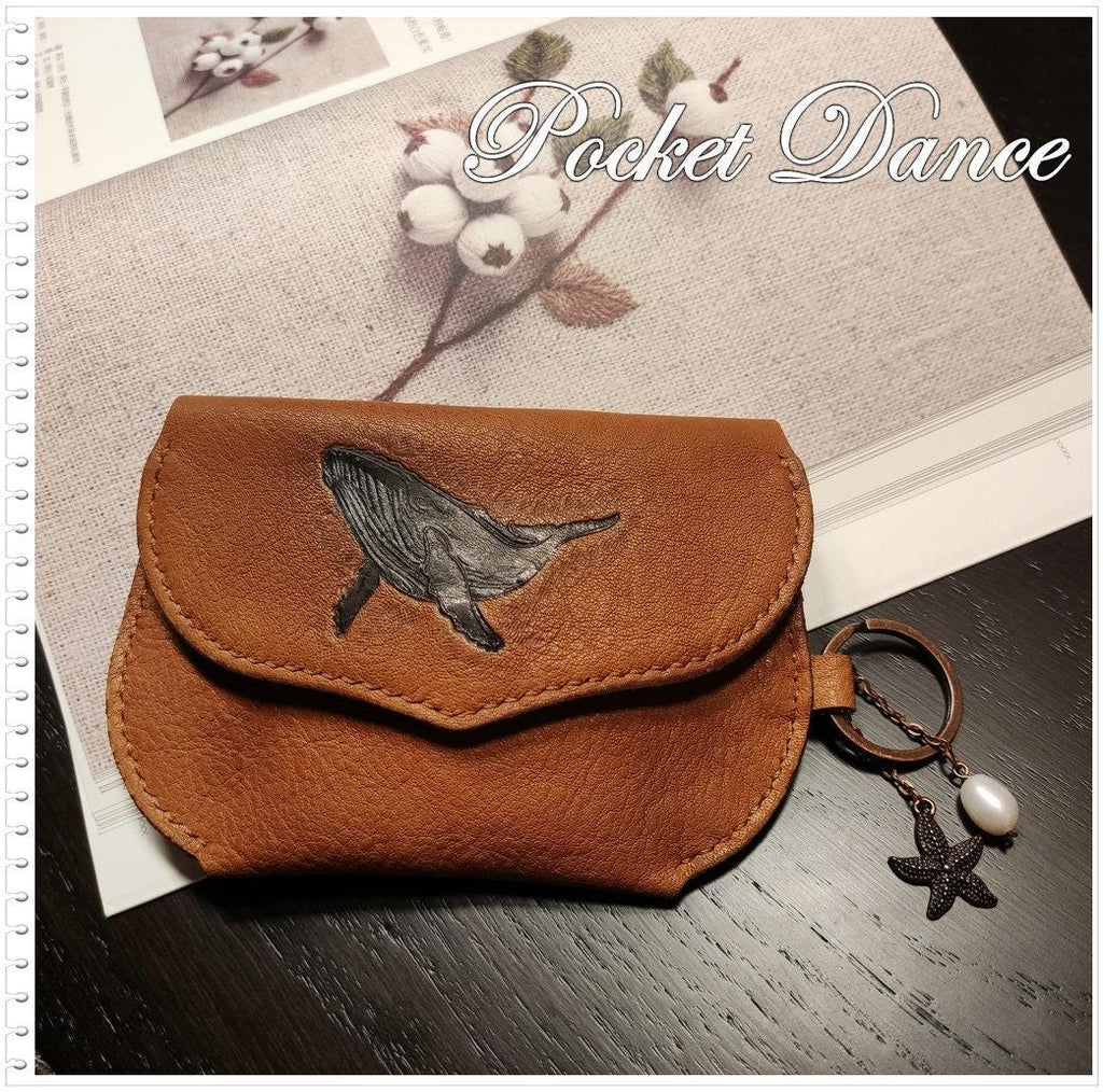 Handmade Leather Coin Purse: Embossed Whale Card Wallet