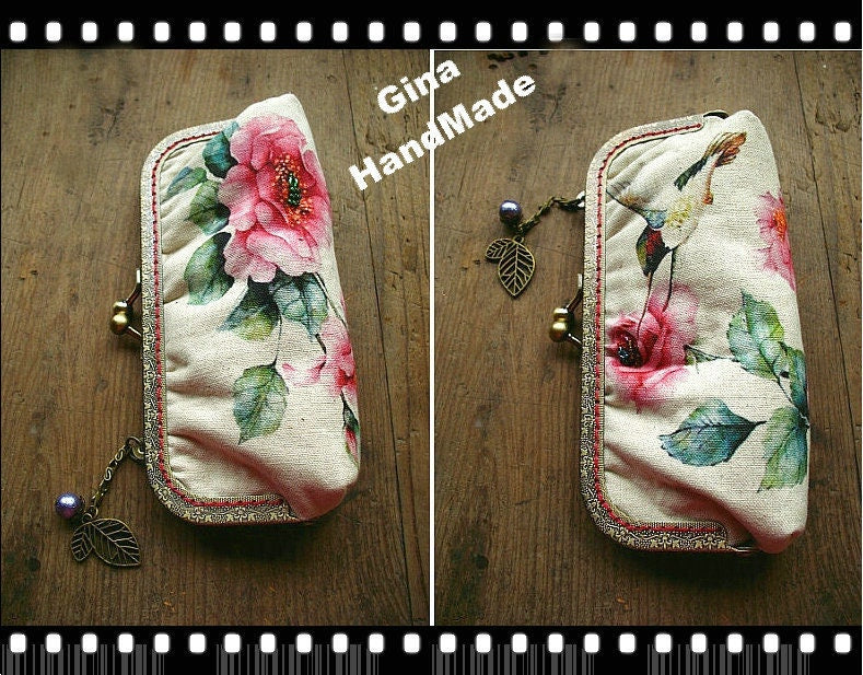 Peony & Hummingbird Kiss Lock Coin Purse: Handmade Clutch Wallet