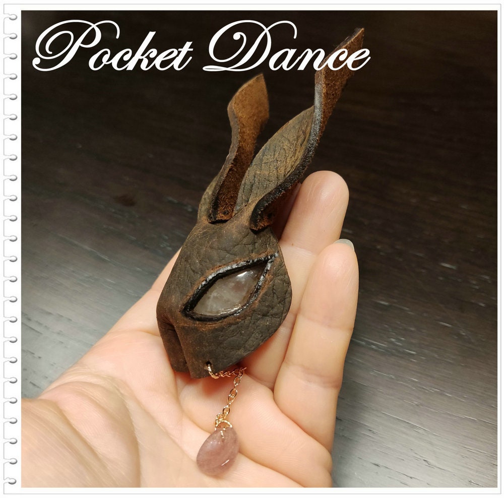 Handmade Leather Rabbit Brooch: Natural Stone Accent, Keyring Option