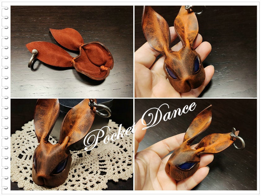 Handmade Leather Rabbit Keychain: Royal Blue Stone Eyes