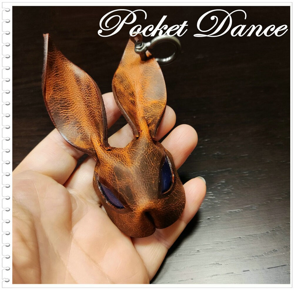 Handmade Leather Rabbit Keychain: Royal Blue Stone Eyes