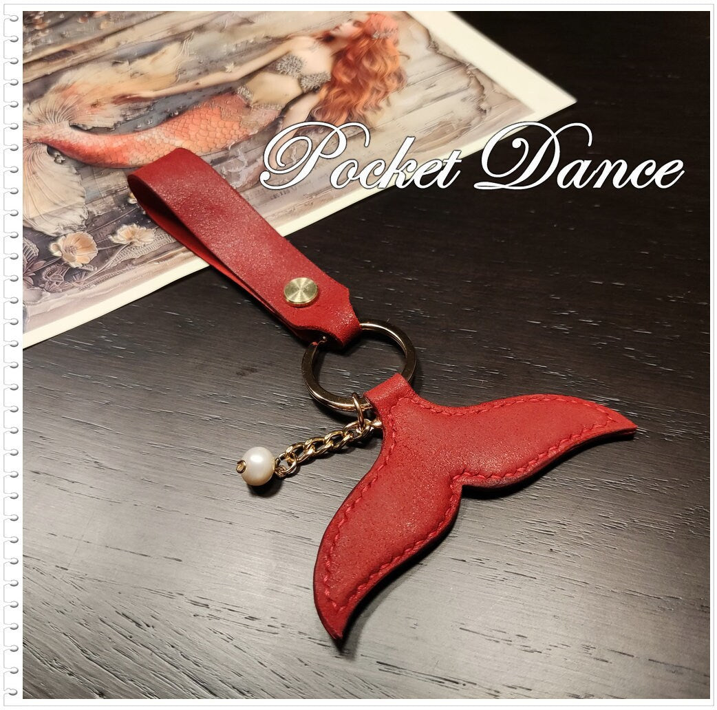 Red Leather Mermaid Tail Keychain: Pearl Bag Charm