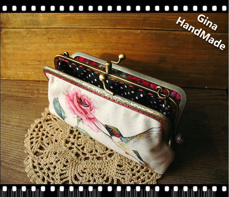 Handmade Peony & Hummingbird Coin Purse: Kiss Lock Clutch Wallet