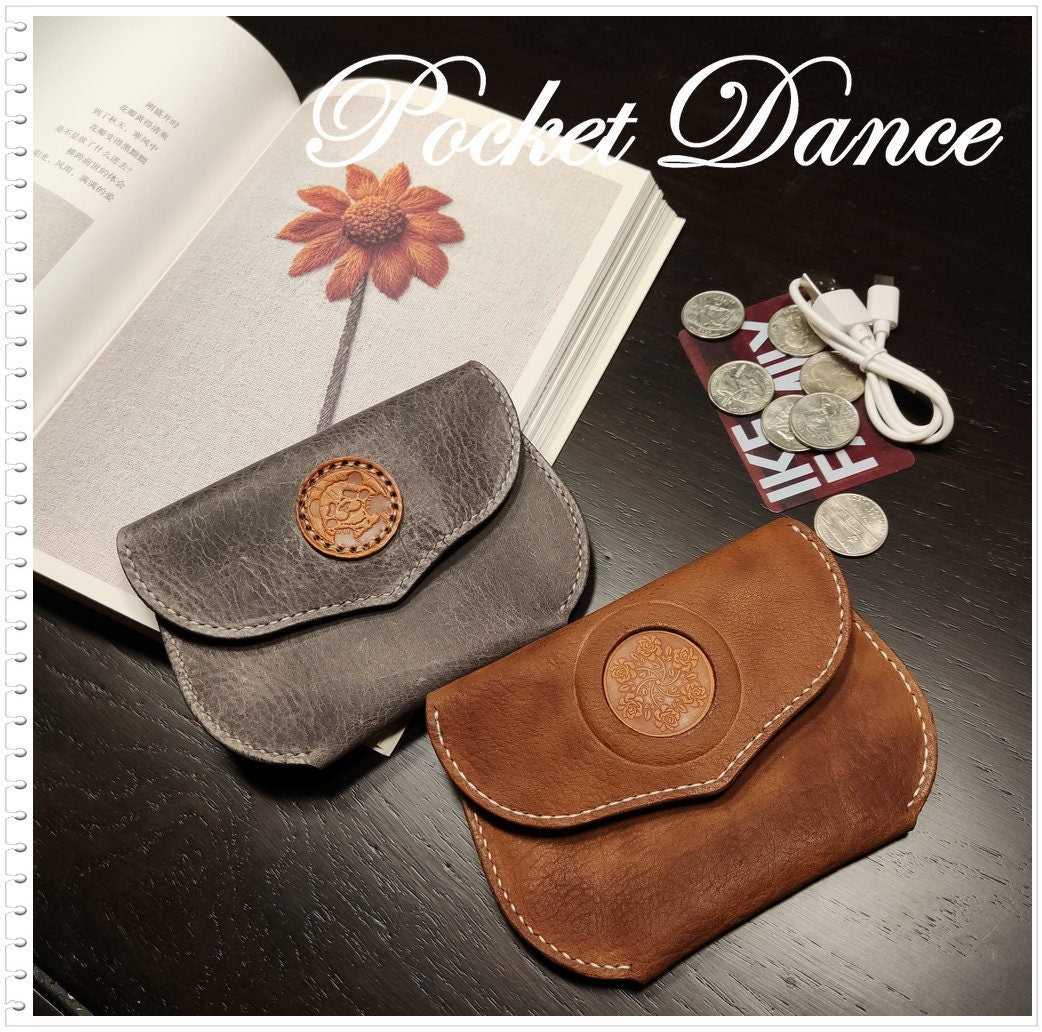 Handmade Rose Engraved Leather Coin Purse: Small Card Wallet