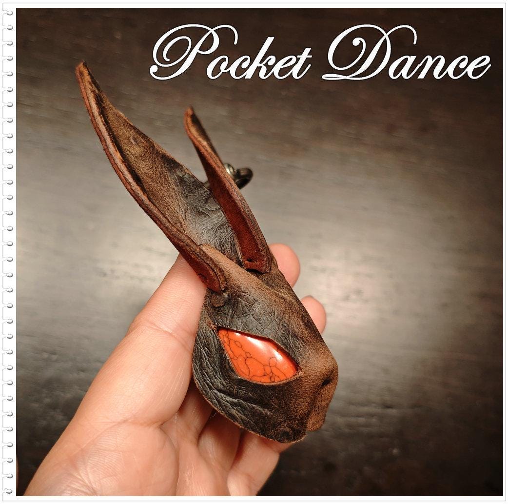 Handmade Leather Rabbit Keychain or Brooch: Brown Bunny Keyring with Red Stone Eyes