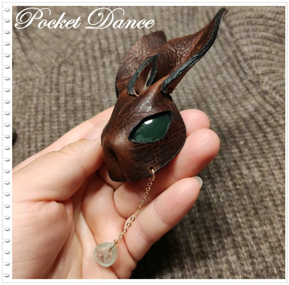 Handmade Leather Rabbit Brooch: Green Stone Eyes, Bunny Keychain