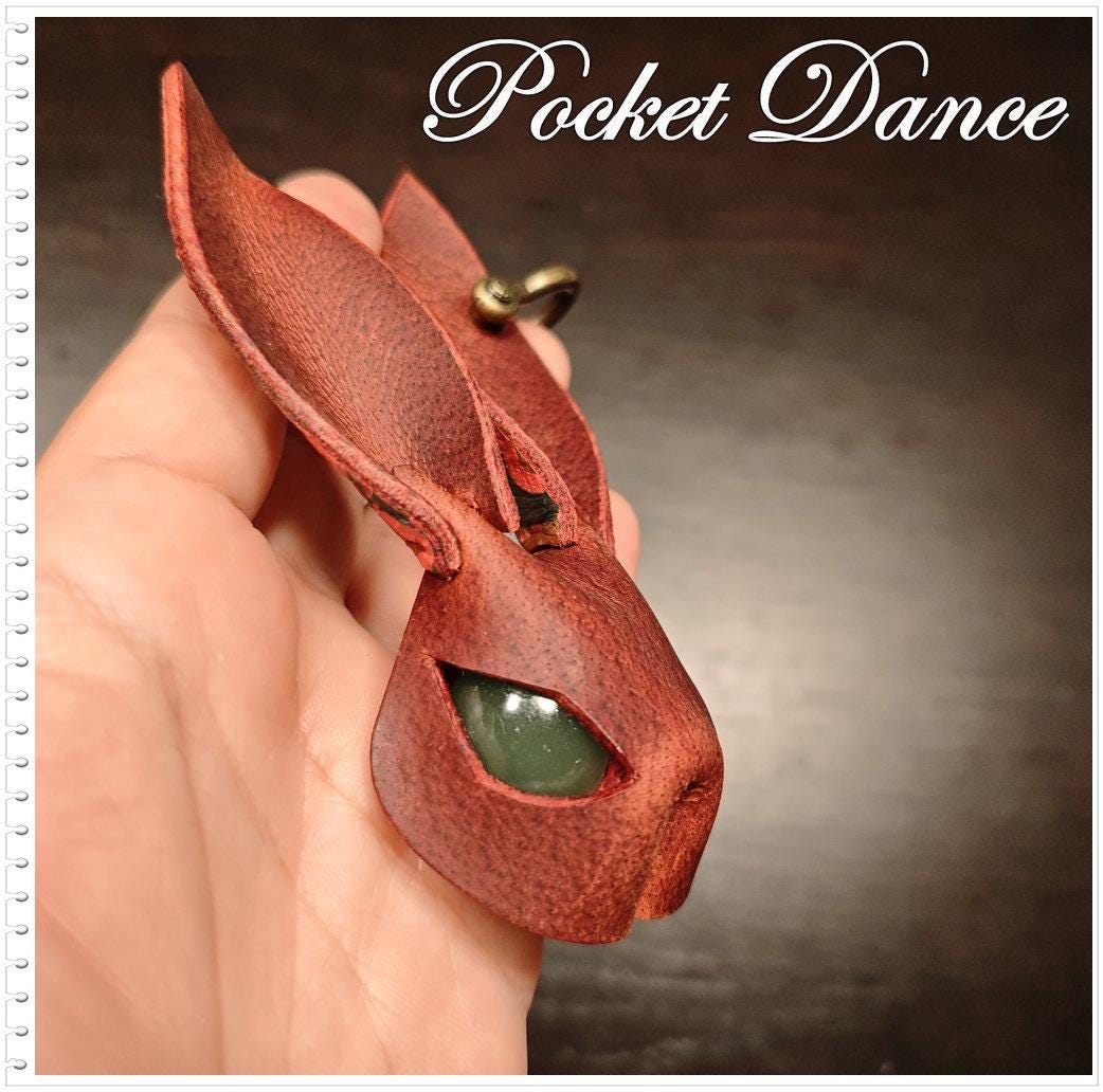 Handmade Leather Rabbit Keychain or Brooch: Unique Green Stone Eyes Bunny Pin Keychain Charm