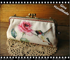 Handmade Peony & Hummingbird Coin Purse: Kiss Lock Clutch Wallet
