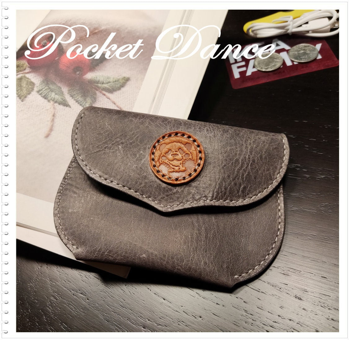 Handmade Gray Leather Coin Purse: Panda Card Wallet