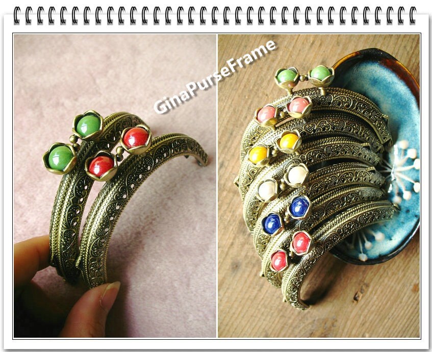 Embossed Metal Purse Frame: Antique Brass with Flower Bead (6 Colors)