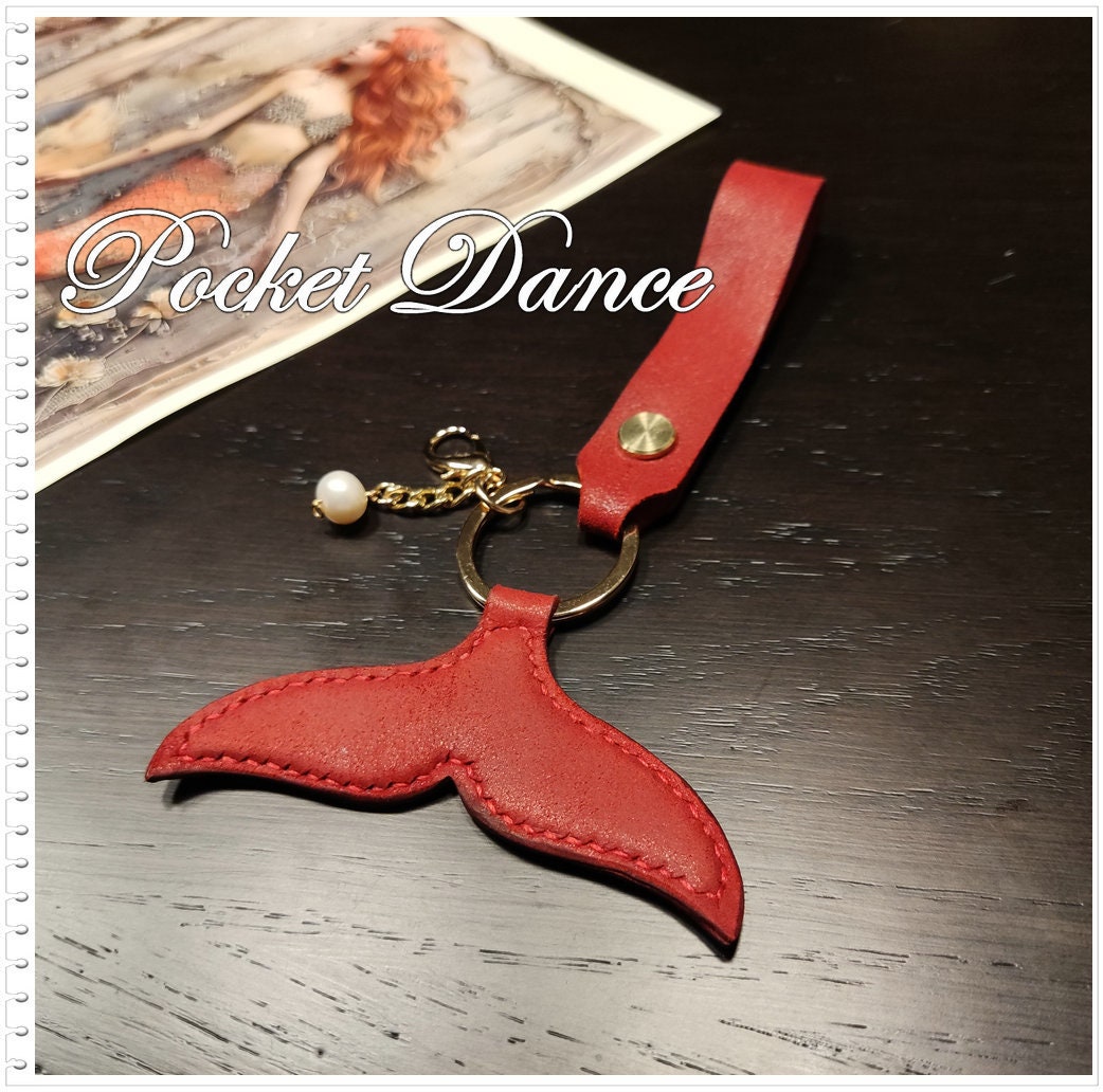 Red Leather Mermaid Tail Keychain: Pearl Bag Charm