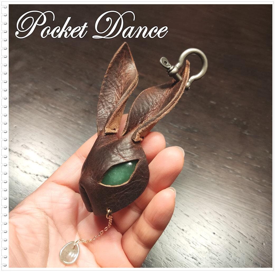 Handmade Leather Rabbit Keychain with Green Stone Eye