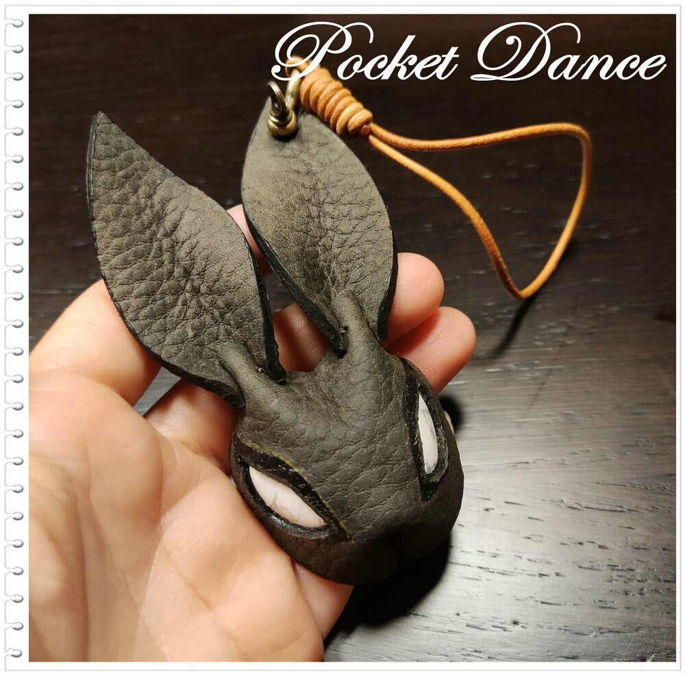Handmade Gray Leather Rabbit Keychain: Stone Eye Bunny Keyring