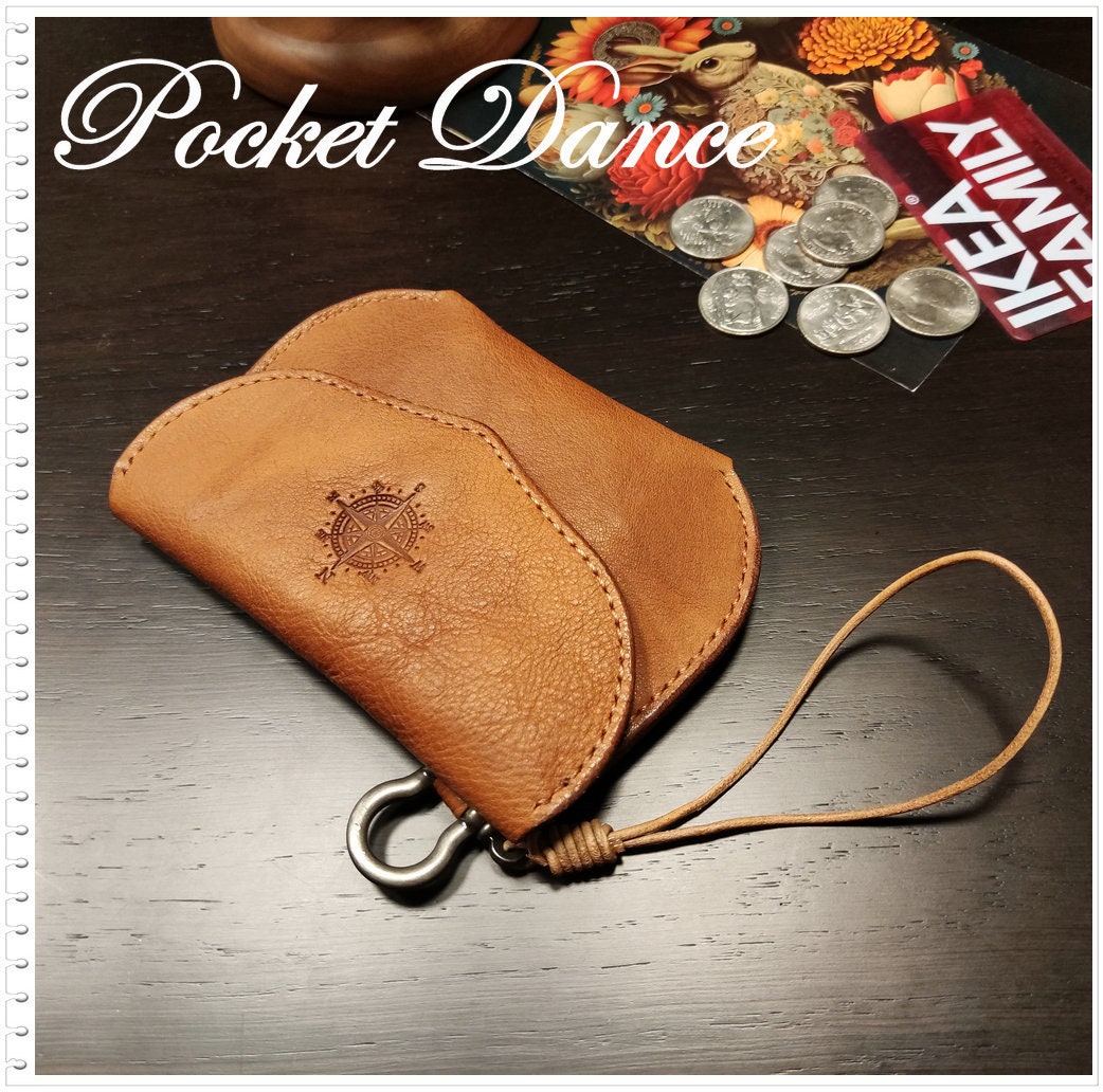 Handmade Leather Coin Purse: Compass Embossed Card Wallet