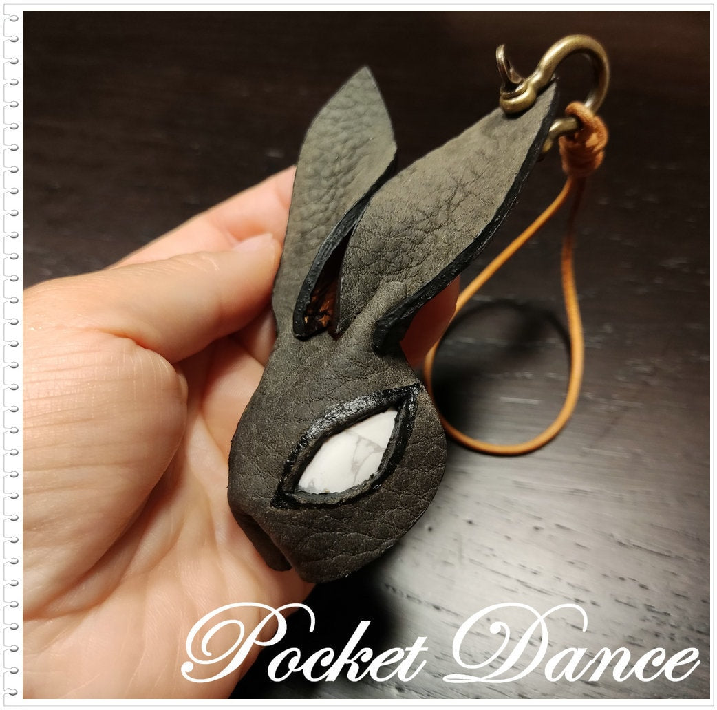 Handmade Gray Leather Rabbit Keychain: Stone Eye Bunny Keyring