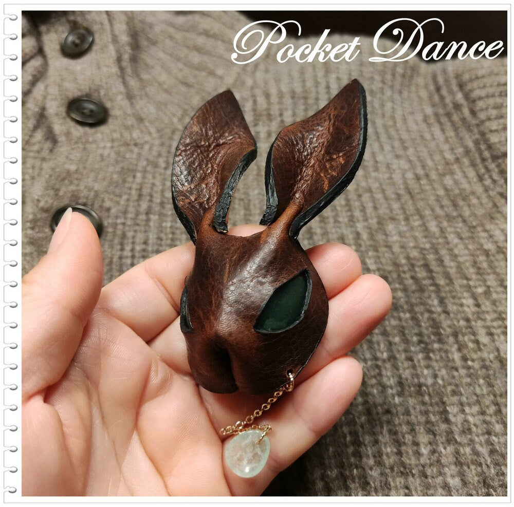 Handmade Leather Rabbit Brooch: Green Stone Eyes, Bunny Keychain