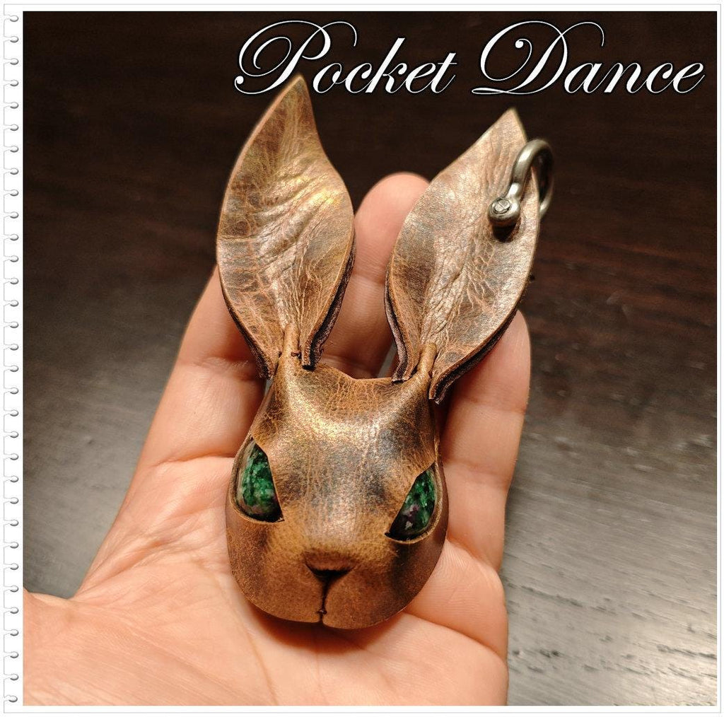 Handmade Leather Rabbit Keychain & Brooch: Green Stone Eyes