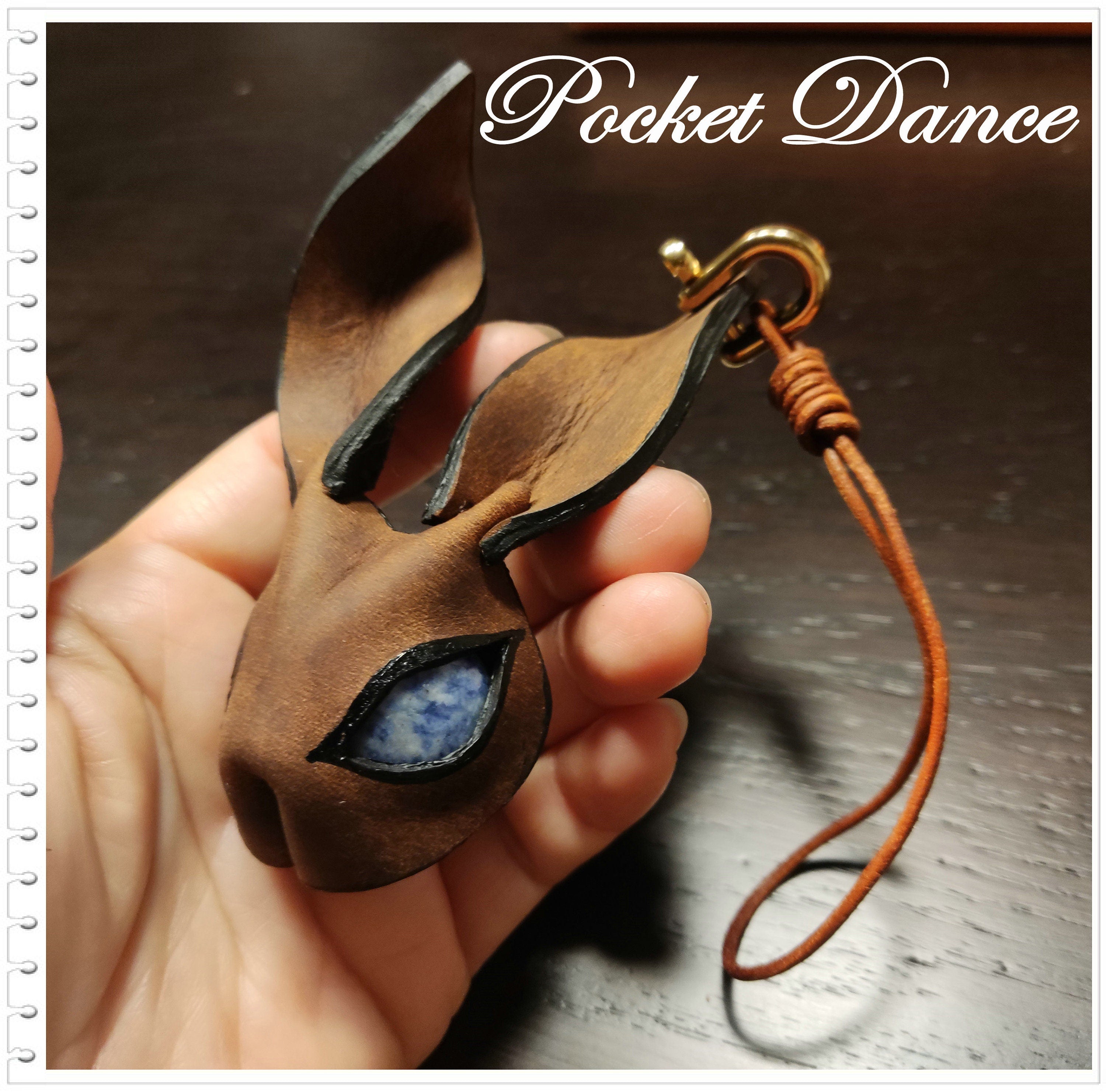 Handmade Leather Rabbit Keychain: Bunny Bag Charm with Natural Stone Eyes