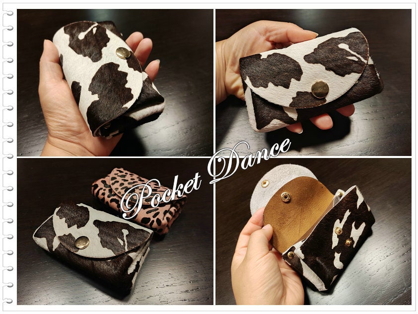 Handmade Cow Print Leather Coin Purse: Small Card Wallet