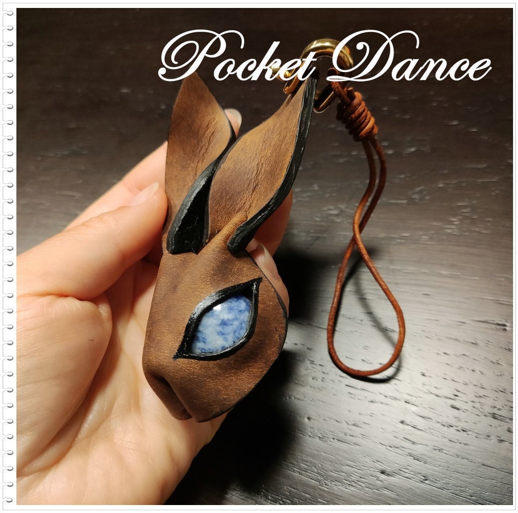 Handmade Leather Rabbit Keychain: Bunny Bag Charm with Natural Stone Eyes