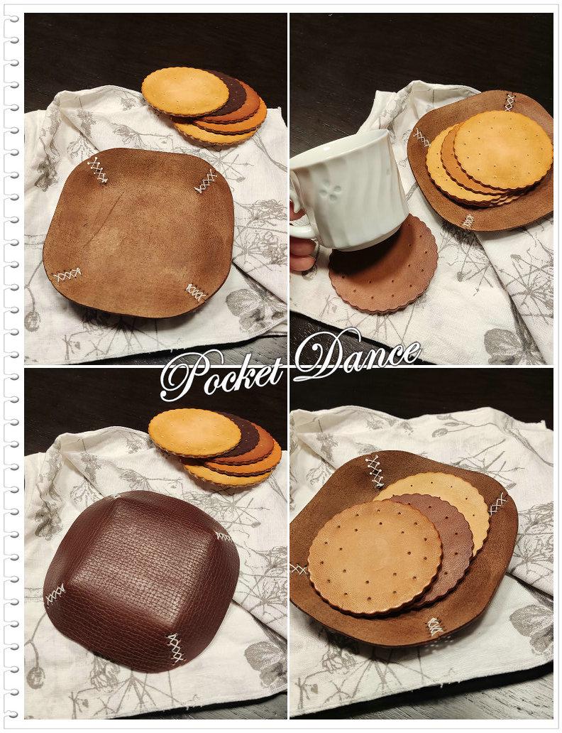 Handmade Leather Cookie Coaster Set, Unique Coffee Lover Gift
