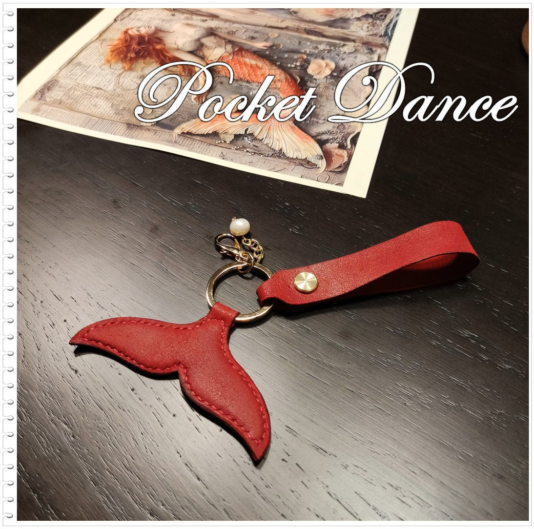 Red Leather Mermaid Tail Keychain: Pearl Bag Charm